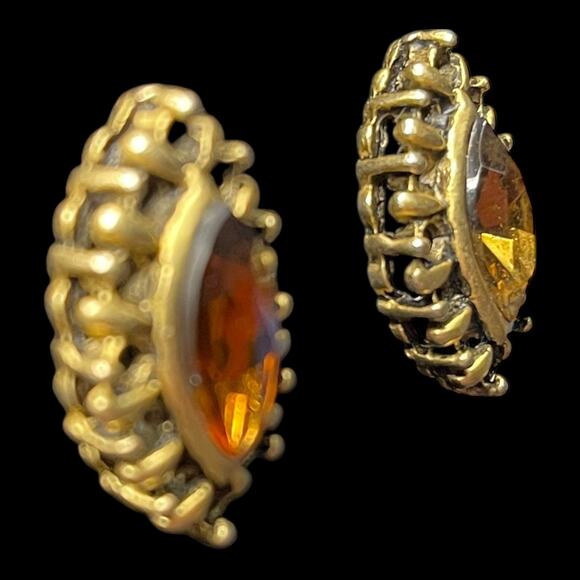 Vintage Amber Glass Marquise Stone Brass Tone Post Earrings - Picture 5 of 16